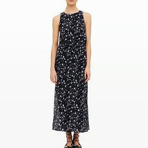 Club Monaco Finola Dress Navy Blue Floral Open Back Side Splits Maxi Size 12 - Picture 1 of 9